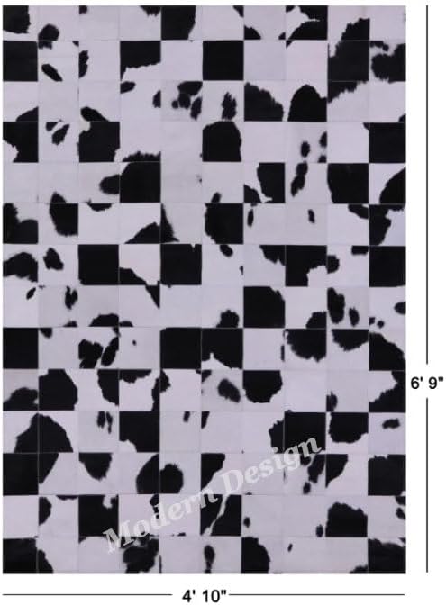 Modern Design Premium Cowhide Leather Carpet with Chevron Pattern, Area Rug (Black/White, 8x10)