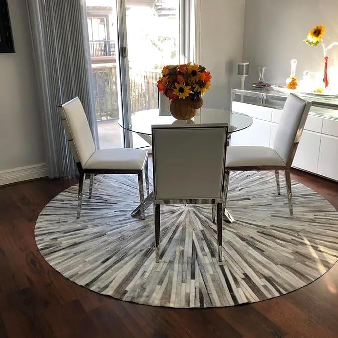 Faux Cowhide Round Area Rug | Non-Slip Leather Floor Carpet for Living Room, Bedroom, and Home Décor | Modern Stylish Accent Rug(Grey_5x5)