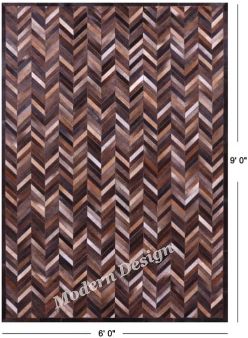 Modern Design Premium Cowhide Leather Carpet with Chevron Pattern, Area Rug (Natural Multi Brown, 9x15)