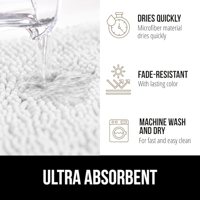 GORILLA GRIP Bath Rug Mat 60x24, Thick Soft Absorbent Chenille, Quick Dry Microfiber Mats, Rubber Backing Washable Shower Floor Rugs, Bathmat Runner, US Designed Bathroom Home Decor Accessories White