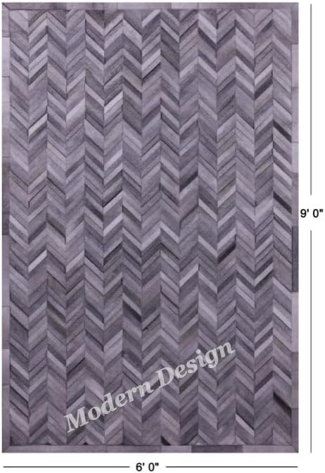 Modern Design Premium Cowhide Leather Carpet with Chevron Pattern, Area Rug (Natural Multi Grey, 4x6)