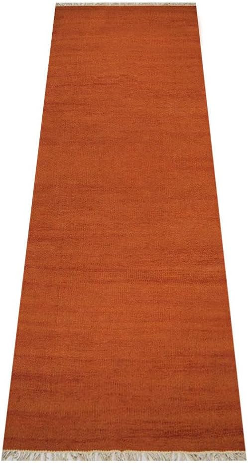 Rugsotic Carpets Hand Woven Flat Weave Kilim Wool ECO-Friendly Area Rugs - 3'x13', Runner Shape, Dark Orange Color, Solid Plain Design, Low Pile Handmade Rugs for Living Room, Bed Room (D00111)