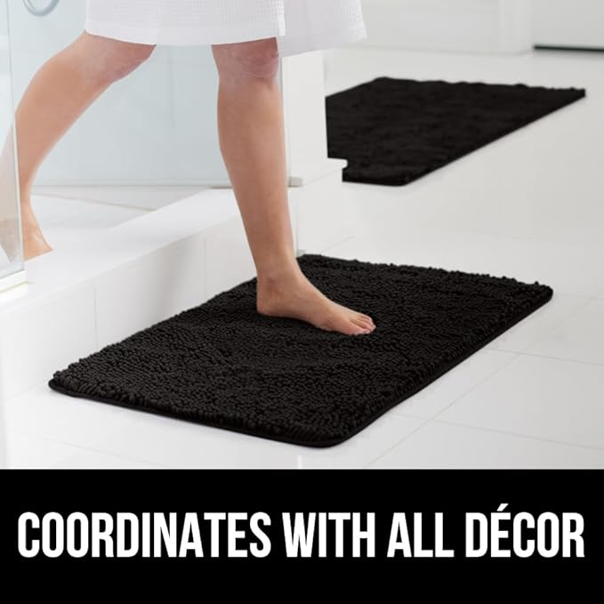 GORILLA GRIP Bath Rug Mat 60x17, Thick Soft Absorbent Chenille, Quick Dry Microfiber Mats, Rubber Backing Washable Shower Floor Rugs, Bathmat Runner, US Designed Bathroom Home Decor Accessories Black