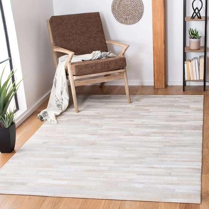 Premium Cowhide Leather Striped Area Rug, 6x9 ft, Beige, Contemporary Style, Hand-tufted, Indoor Use, Dining Room, 17.6 lbs