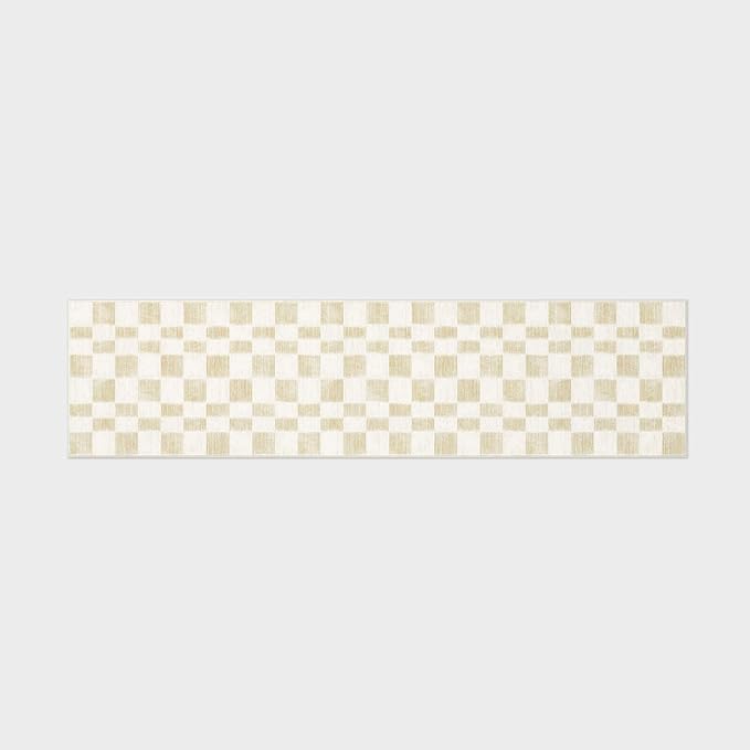 EVERGRACE Checkered Plaid Area Rug, Soft Fuzzy Faux Wool, 2x8, Washable Anti Slip Long Runner Carpet for Entryway, Bedroom, Living Room, Hallway, Kitchen, Dining Room and Laundry, Beige