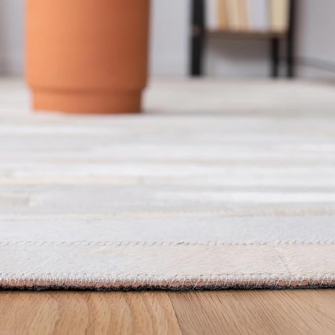 Cowhide Leather Rug for Living Room 5x8 Natural Leather Rug Modern Stripes Style Floor Carpet for Home Decor | Superior Indoor Area Rug, White