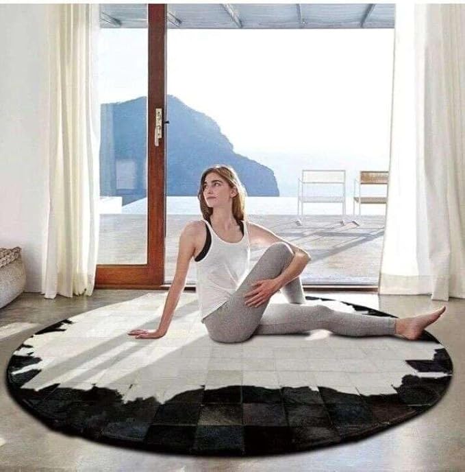 Round Cowhide Patchwork Leather Area Rug 3×3 ft – Modern Geometric Design, Durable Carpet for Living Room, Bedroom, Lounge, Office & Home Decor, Black & White