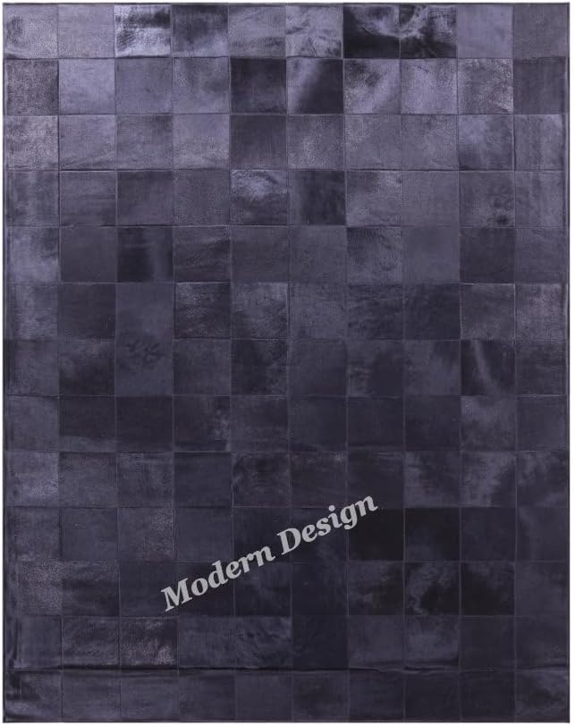Modern Design Premium Cowhide Leather Carpet with Chevron Pattern, Area Rug (Black, 9x15)