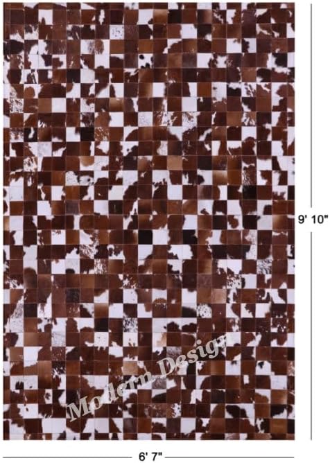 Modern Design Premium Cowhide Leather Carpet with Chevron Pattern, Area Rug (Brwon/White, 9x15)