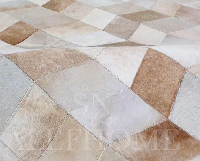 Faux Cowhide Chevron Pattern Area Rug – Beige Geometric Leather Carpet | Modern Durable Floor Accent for Living Room, Bedroom, Dining Room & Office | Size 9.9x14 ft