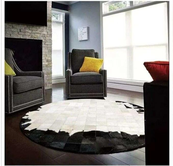 Round Geometric Patchwork Cowhide Leather Area Rug – Washable Non-Slip Modern Carpet for Living Room, Bedroom, Office & Home Décor, Faux Cowhide Accent Rug (Black & White, 10×10ft)