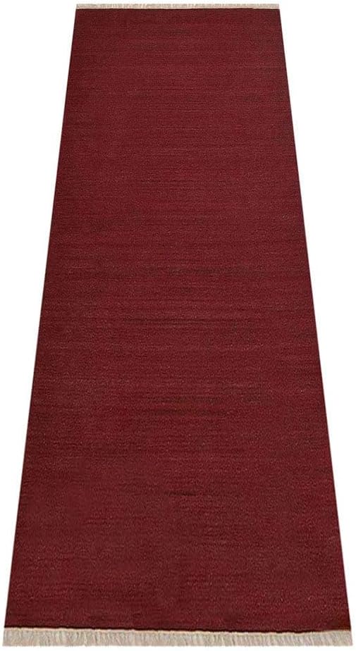 Rugsotic Carpets Hand Woven Flat Weave Kilim Wool ECO-Friendly Area Rugs - 2'6"x8', Runner Shape, Dark Red Color, Solid Plain Design, Low Pile Handmade Rugs for Living Room, Bed Room (D00111)
