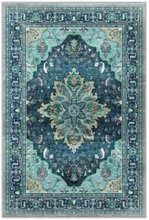 Area Rugs Square 6ft Washable Non-Slip, Floral Vintage Distress Print Pattern Medallion Carpet for Living Room Bedroom Dining Room, Teal Green Lake Blue Turquoise