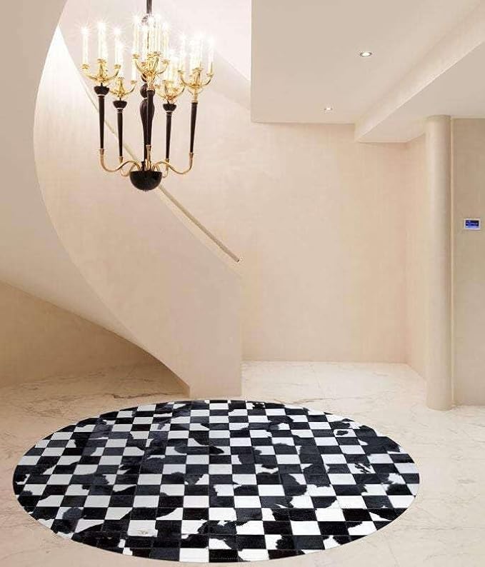 Sn Alef Home Black & White Round Rug | Checkered Floral Designer Carpet for Living Room | Handcrafted Circular Floor Mat for Home Decor & Meditation Space(9x9)