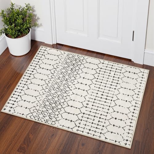 Lahome Moroccan Small Runner Rug 2x5 Rug Runner Non-Slip Washable Rug Runner Throw Lightweight Hallway Rugs Indoor Laundry Room, Geometric Print Carpet Runners for Bedroom Kitchen (White, 2'x5')