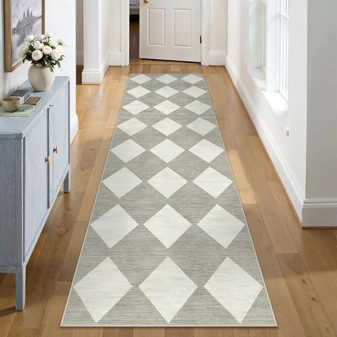 2x8 Runner Checkered Rug for Hallways Grey Washable Long Carpet Non-Slip Low Pile Boho Indoor Accent Throw Rug for Entrance Kitchen Bedroom Dining Laundry