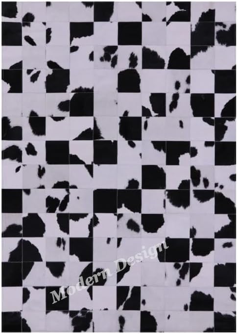 Modern Design Premium Cowhide Leather Carpet with Chevron Pattern, Area Rug (Black/White, 9x12)