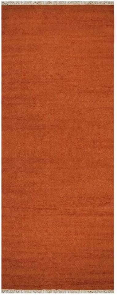 Rugsotic Carpets Hand Woven Flat Weave Kilim Wool ECO-Friendly Area Rugs - 3'x13', Runner Shape, Dark Orange Color, Solid Plain Design, Low Pile Handmade Rugs for Living Room, Bed Room (D00111)