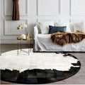 Round Cowhide Patchwork Leather Area Rug 3×3 ft – Modern Geometric Design, Durable Carpet for Living Room, Bedroom, Lounge, Office & Home Decor, Black & White