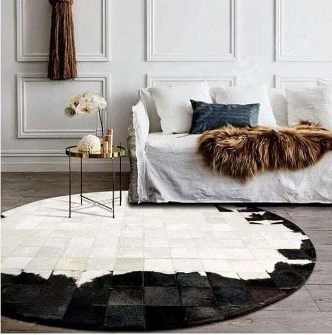 Round Geometric Patchwork Cowhide Leather Area Rug – Washable Non-Slip Modern Carpet for Living Room, Bedroom, Office & Home Décor, Faux Cowhide Accent Rug (Black & White, 5×5ft)