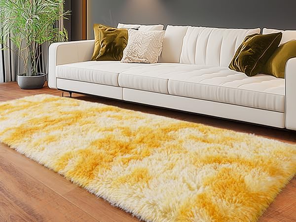 Fluffy Area Rugs for Living Room, Soft Shaggy Carpets for Living Room, Upgrade Anti-Slip Fuzzy Rugs for Kids' Room, Perfect Decor for Modern Home Tie Dye Yellow 2x6Feet