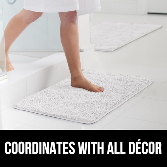 GORILLA GRIP Bath Rug Mat 30x20, Thick Soft Absorbent Chenille, Quick Dry Microfiber Mats, Rubber Backing Washable Shower Floor Rugs, US Designed Bathroom Bathmat Home Decor Accessories, White