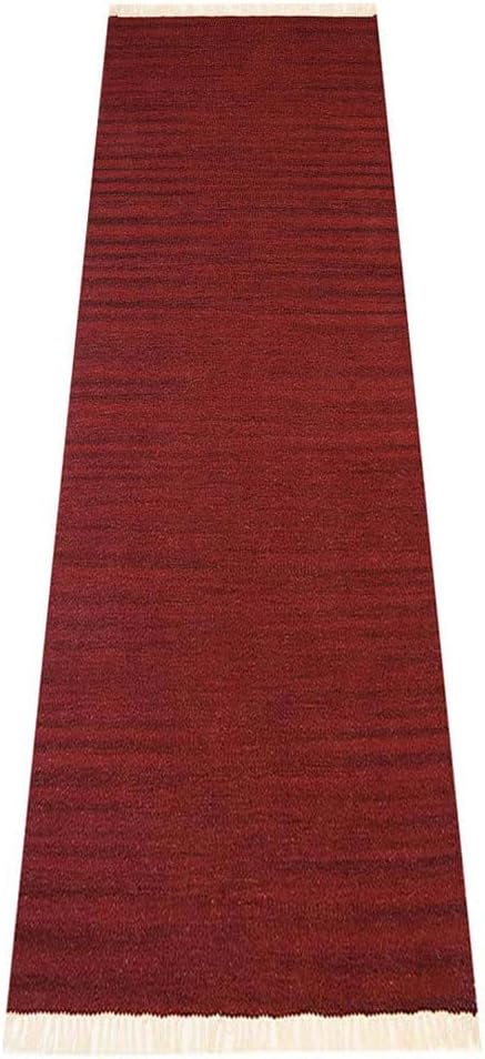 Rugsotic Carpets Hand Woven Flat Weave Kilim Wool ECO-Friendly Area Rugs - 2'6"x8', Runner Shape, Burgundy Color, Solid Plain Design, Low Pile Handmade Rugs for Living Room, Bed Room (D00111)