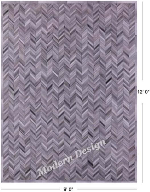 Modern Design Premium Cowhide Leather Carpet with Chevron Pattern, Area Rug (Natural Multi Grey, 3x12)