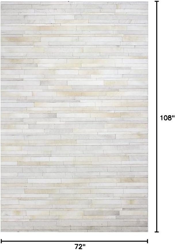 Premium Cowhide Leather Striped Area Rug, 6x9 ft, Beige, Contemporary Style, Hand-tufted, Indoor Use, Dining Room, 17.6 lbs