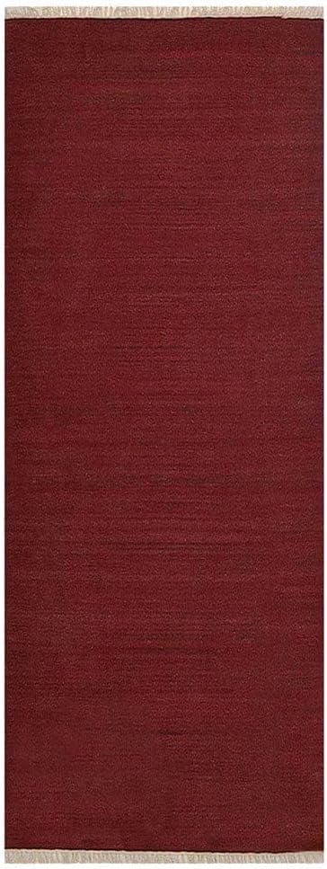 Rugsotic Carpets Hand Woven Flat Weave Kilim Wool ECO-Friendly Area Rugs - 2'6''x10', Runner Shape, Dark Red Color, Solid Plain Design, Low Pile Handmade Rugs for Living Room, Bed Room (D00111)