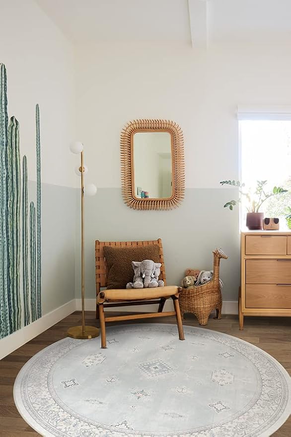 RUGGABLE Washable Vintage Area Rug – Verena Soft Blue 8 ft Round, Stain-Resistant, Non-Slip – Large Machine Washable Rugs for Living Room, Bedroom, Hallway, Entryway & Office–with Cushioned Pad