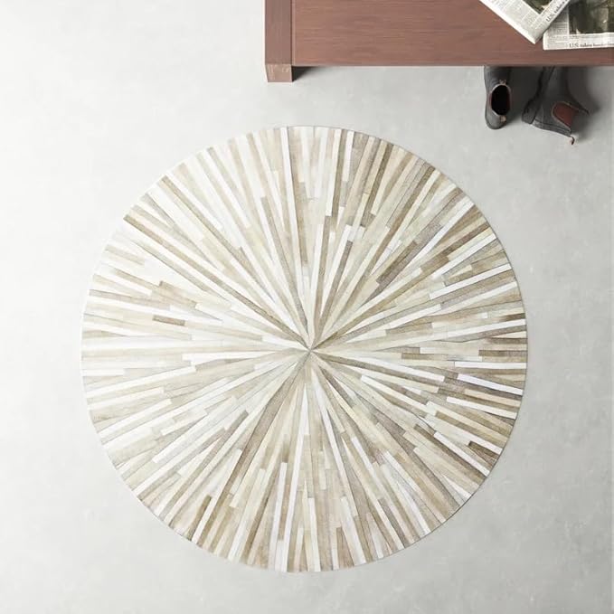 Round Faux Cowhide Area Rug 3×3 ft – Modern Non-Slip Leather Accent Carpet for Living Room, Bedroom, Kids Playroom & Home Decor, Beige