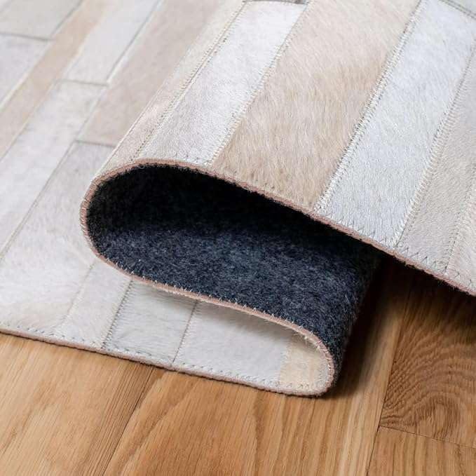 Cowhide Leather Rug for Living Room 9x12 Natural Leather Rug Modern Stripes Style Floor Carpet for Home Decor | Superior Indoor Area Rug White