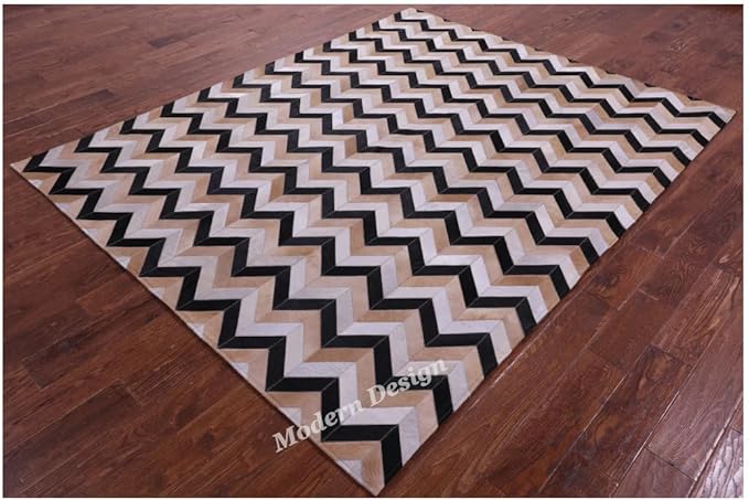 Modern Design Premium Cowhide Leather Carpet with Chevron Pattern, Area Rug (Beige/Black/Grey/Ivory, 8x10)
