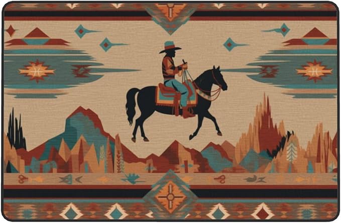 Horse Western Boho Ethnic Style Area Rug Washable Outdoor Rugs Anti-Slip Soft Carpet Entryway Indoor Door Mat for Bedroom,Living Room,Porch,Terrace and Entrance Decor 2'x 1.4'