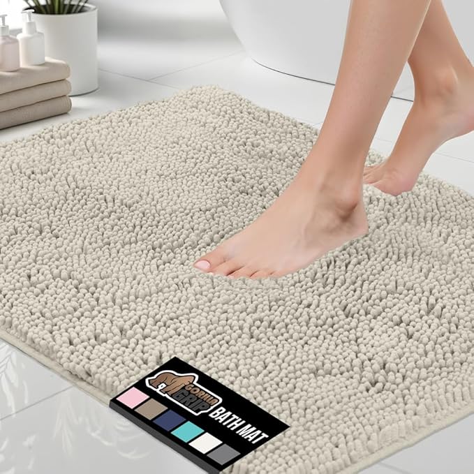 GORILLA GRIP Bath Rug Mat 60x17, Thick Soft Absorbent Chenille, Quick Dry Microfiber Mats, Rubber Backing Washable Shower Floor Rugs, Bathmat Runner, US Designed Bathroom Home Decor Accessories Ivory