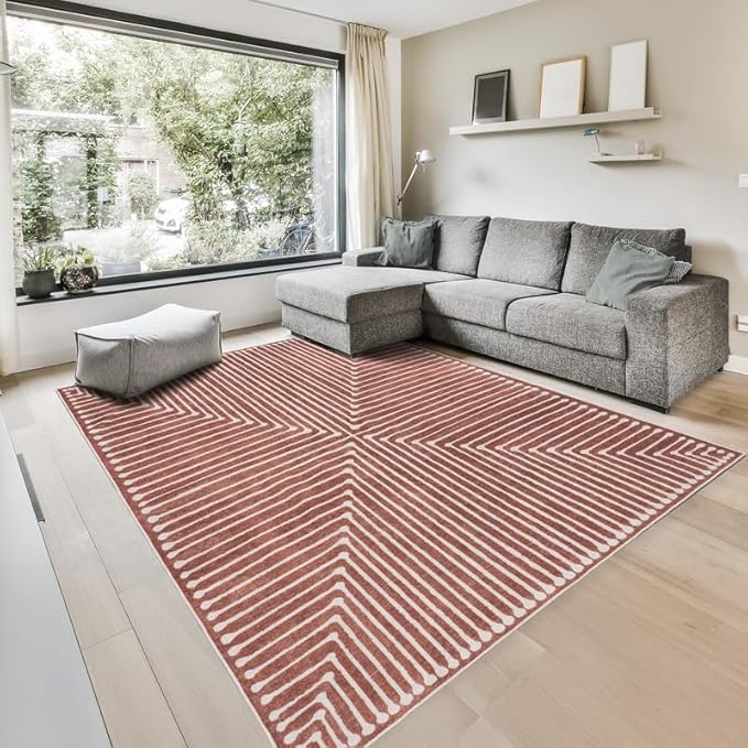 GLN Rugs Contemporary Collection - Machine Washable Area Rug, Contemporary Washable, Non Slip, Low Pile Chenille Rug, Living Room, Bedroom, Kitchen Rug (3' x 5' Beige Orange)
