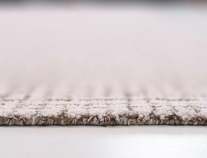 Hand-Tufted 100% Wool Pile Area Rug – Geometric Textured Grid Check Pattern – Thick and Durable Floor Carpet for Bedroom, Living Room, Kids Room, and Dining Area (Ivory-Brown, 2.6' x 10')