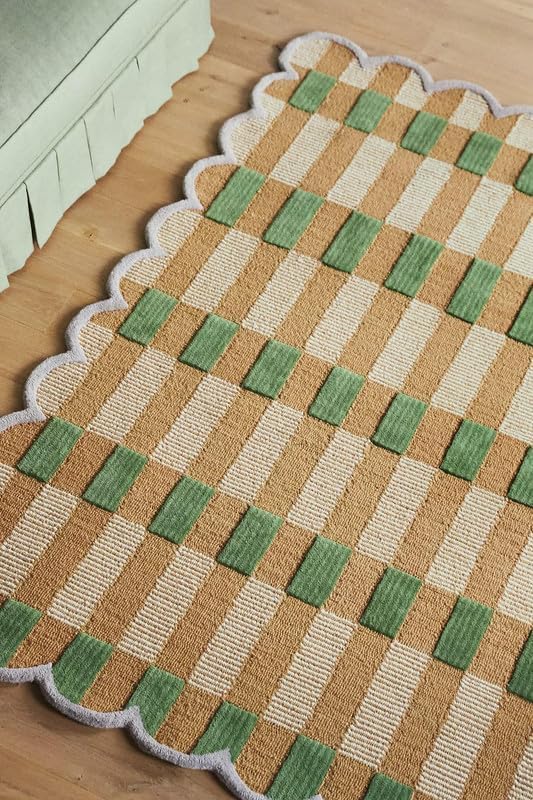 Handmade Scalloped Wool Area Rug - Modern Geometric Pattern, Green-Beige Stripes, Checkered Chevron Design - Soft, Durable Thick Carpet for Living Room, Bedroom (Green, 8' x 10')