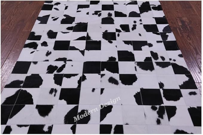 Modern Design Premium Cowhide Leather Carpet with Chevron Pattern, Area Rug (Black/White, 8x10)