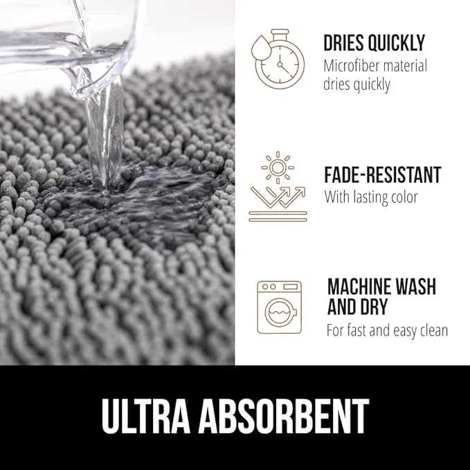 GORILLA GRIP Bath Rug Mat 48x24, Thick Soft Absorbent Chenille, Quick Dry Microfiber Mats, Rubber Backing Washable Shower Floor Rugs, Bathmat Runner, US Designed Bathroom Home Decor Accessories Grey