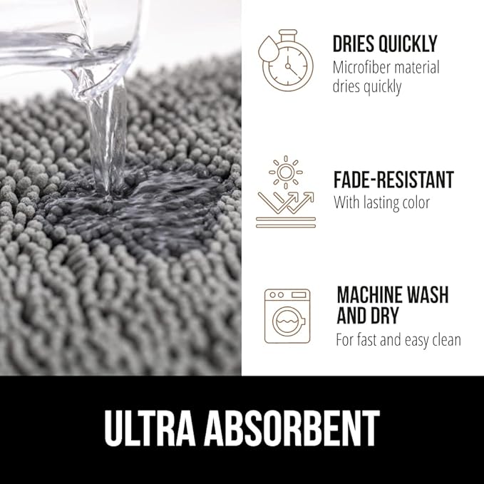 GORILLA GRIP Bath Rug Mat 70x24, Thick Soft Absorbent Chenille, Quick Dry Microfiber Mats, Rubber Backing Washable Shower Floor Rugs, Bathmat Runner, US Designed Bathroom Home Decor Accessories Grey