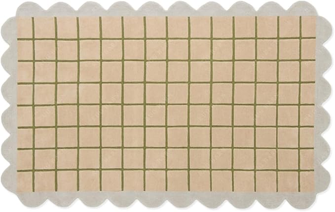 Scalloped Border Wool Area Rug with Windowpane Grid, Hand-Tufted, Beige-Blush with Sage Lines & Light Purple Edge - Soft High-Low Pile for Living Room, Bedroom, Nursery - 7x10 Ft