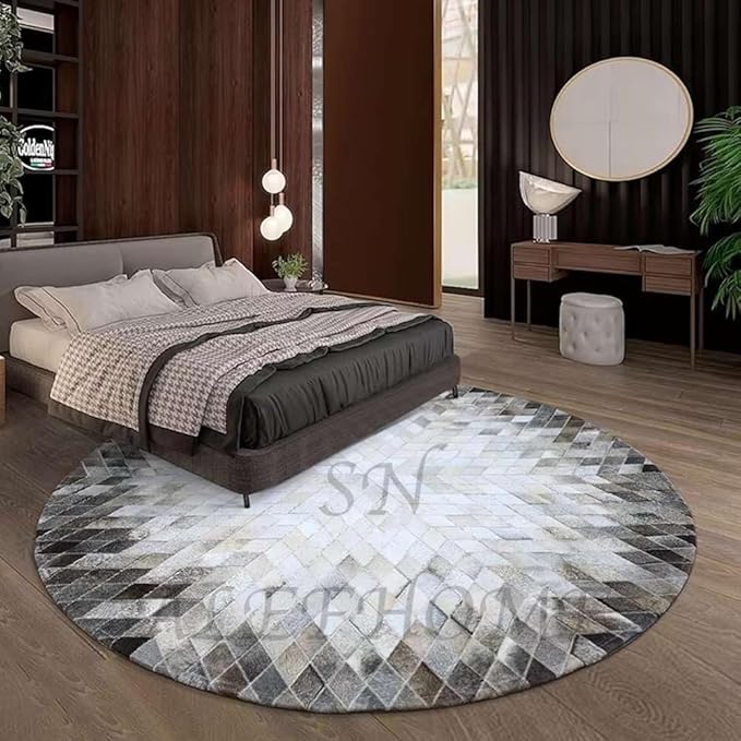 Cowhide Hairon Leather Round Rug, Geometric Patterned Circle Carpet for Living Room, Bedroom, Hall, Brown, 6×6ft