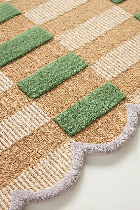 Handmade Scalloped Wool Area Rug - Modern Geometric Pattern, Green-Beige Stripes, Checkered Chevron Design - Soft, Durable Thick Carpet for Living Room, Bedroom (Green, 9' x 12')
