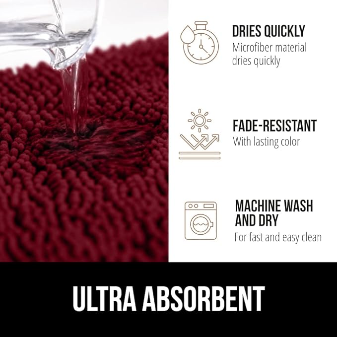 GORILLA GRIP Bath Rug Mat 48x24, Soft Absorbent Chenille, Quick Dry Microfiber Mats, Rubber Backing Washable Shower Floor Rugs, Bathmat Runner, US Designed Bathroom Home Decor Accessories Burgundy