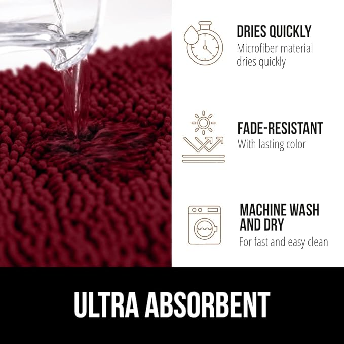 GORILLA GRIP Bath Rug Mat, Thick Soft Absorbent Chenille, Quick Dry Microfiber Mats, Rubber Backing Washable Shower Floor Rugs, US Designed Bathroom Bathmat Home Decor Accessories, 24x17, Burgundy