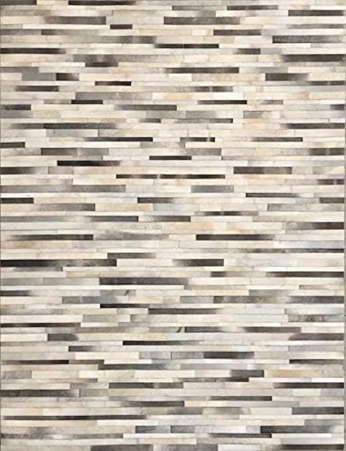 Cowhide Leather Rug for Living Room 6x9, Modern Stripes Style Floor Carpet, Dark Grey Area Rug for Home Decor