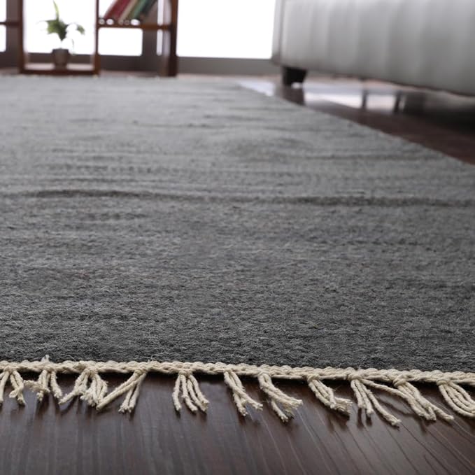 Rugsotic Carpets Hand Woven Flat Weave Kilim Wool ECO-Friendly Area Rugs - 10'x10', Square Shape, Charcoal Color, Solid Plain Design, Low Pile Handmade Rugs for Living Room, Bed Room (D00111)