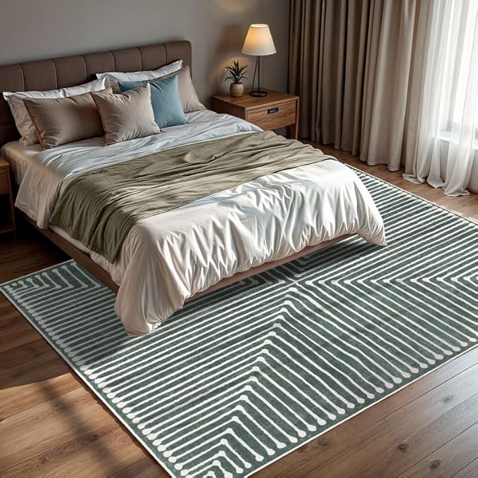 GLN Rugs Contemporary Collection - Machine Washable Area Rug, Contemporary Washable, Non Slip, Low Pile Chenille Rug, Living Room, Bedroom, Kitchen Rug (9' x 12' Beige Green)